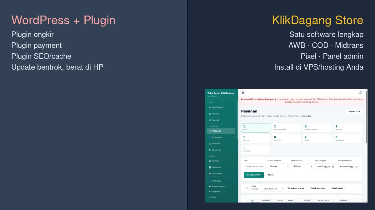 WordPress banyak plugin vs KlikDagang satu software lengkap